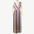 Costom  Printed Stripe Sleeveless Long Dress Sexy V Neck  Dresses For Women